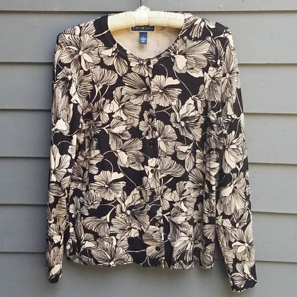 Karen Scott Tan Black Floral Cotton Blend Sweater Size Large